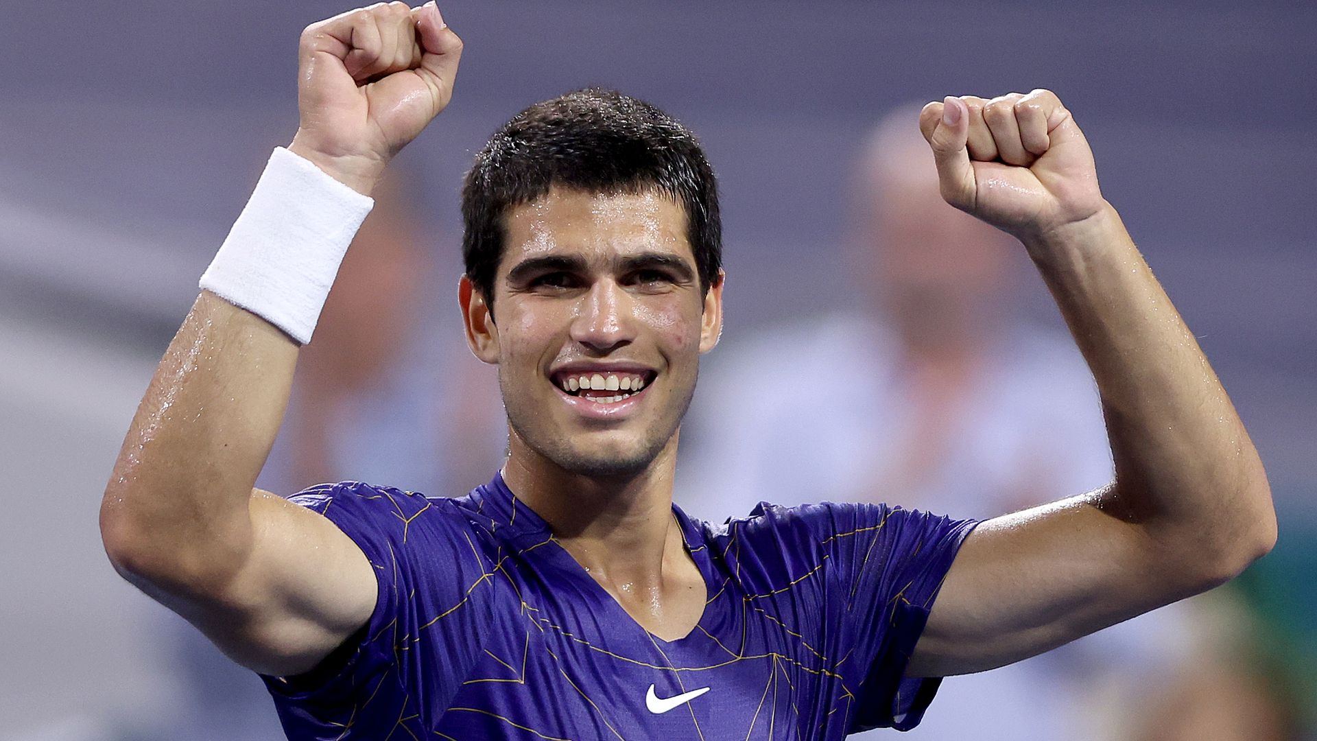 Carlos Alcaraz of Spain celebrates his win against Hubert Hurkacz of Poland during the semifinals of the Miami Open at Hard Rock Stadium on April 1, 2022 in Miami Gardens, Florida