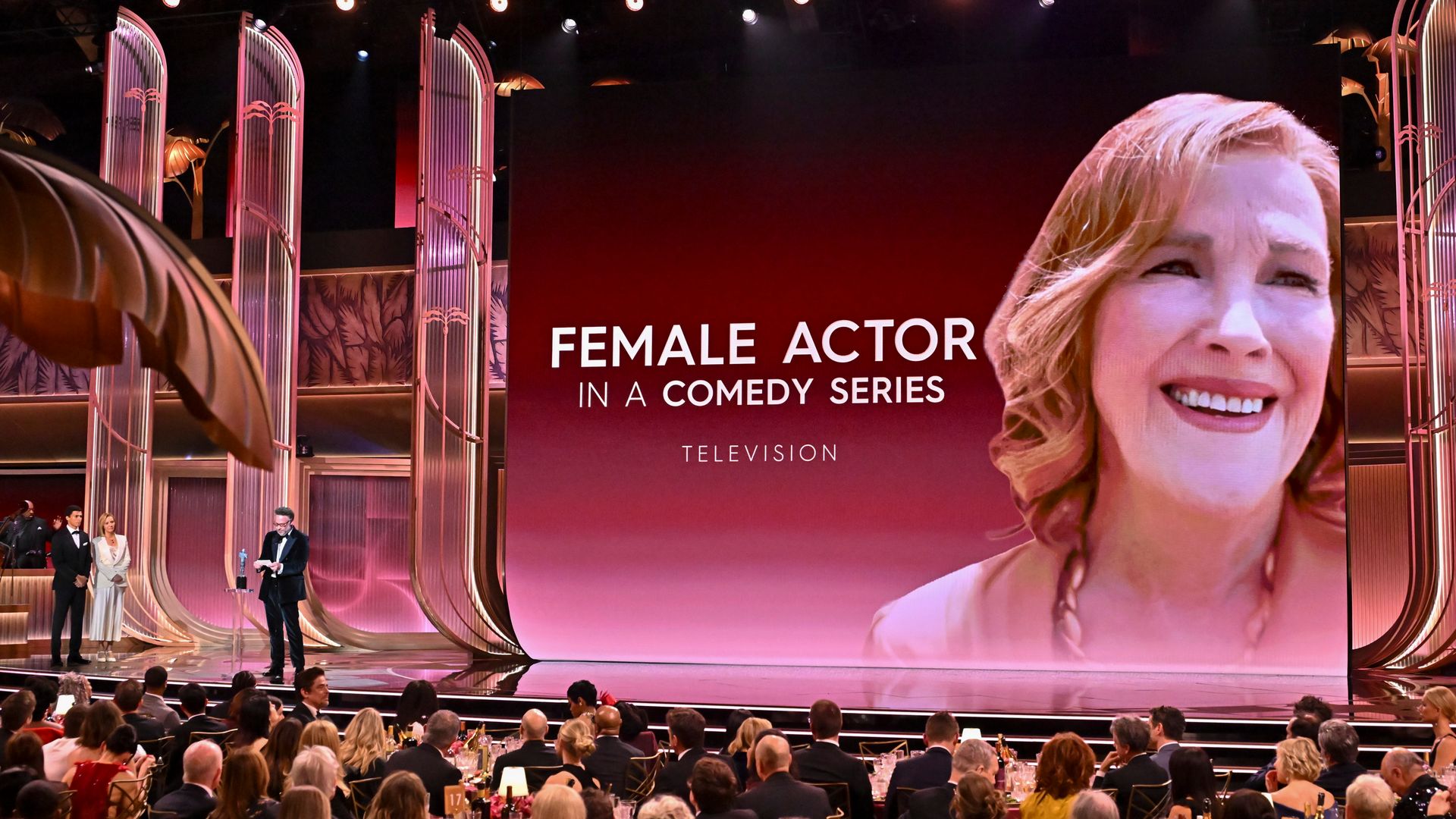 Seth Rogen and Catherine O'Hara at the 32nd Annual Actor Awards Presented by SAG-AFTRA held at Shrine Auditorium and Expo Hall on March 01, 2026 in Los Angeles, California