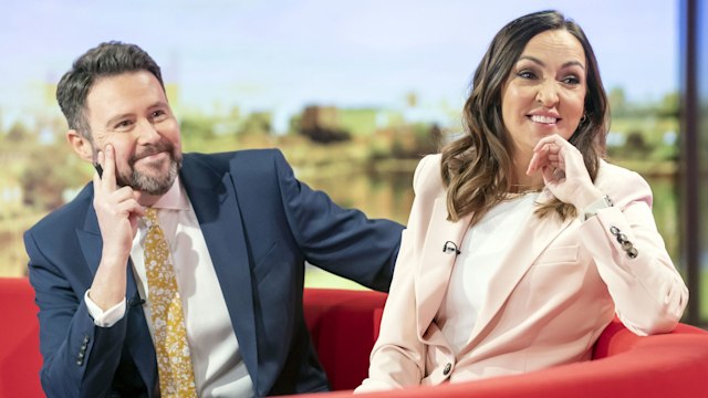 Jon Kay and Sally Nugent on the red sofa 