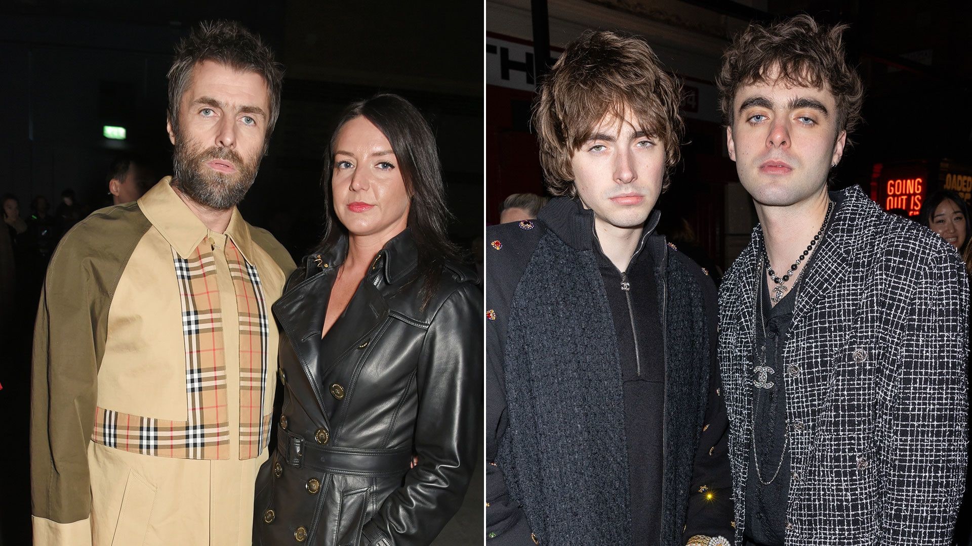 Split image of Liam Gallagher and Debbie Gwyther alongside sons Lennon and Gene Gallagher