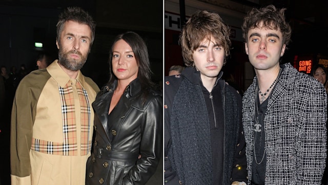 Split image of Liam Gallagher and Debbie Gwyther alongside sons Lennon and Gene Gallagher