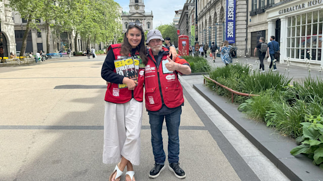 Sophie Winkleman selling Big Issue outside Somerset House