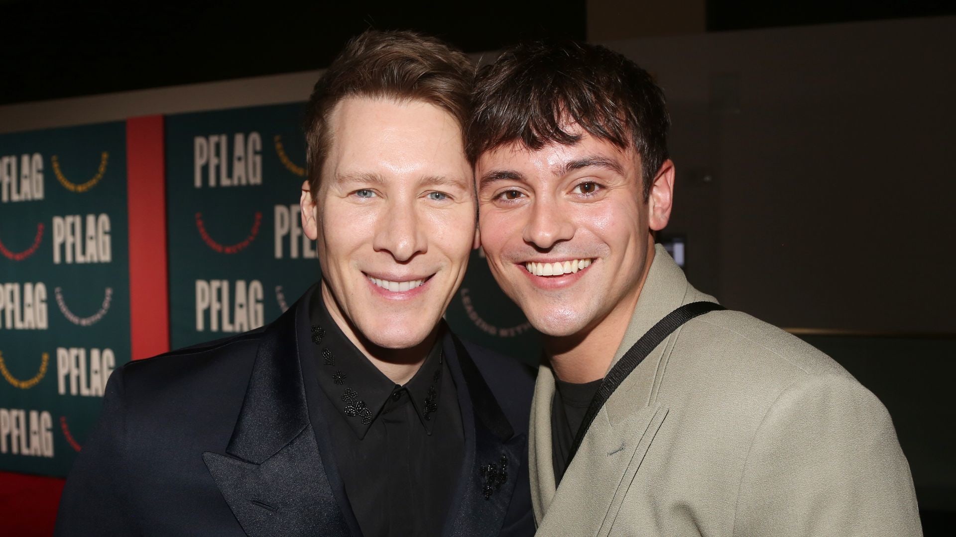  Dustin Lance Black (L) and Tom Daley pose at the PFLAG 50th Anniversary Gala at The New York Marriott Marquis on March 3, 2023 in New York City.