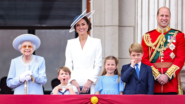 Queen Elizabeth II and the Wales family watch the RAF flypast on the balcony of Buckingham Palace during the Trooping the Colour parade in 2022