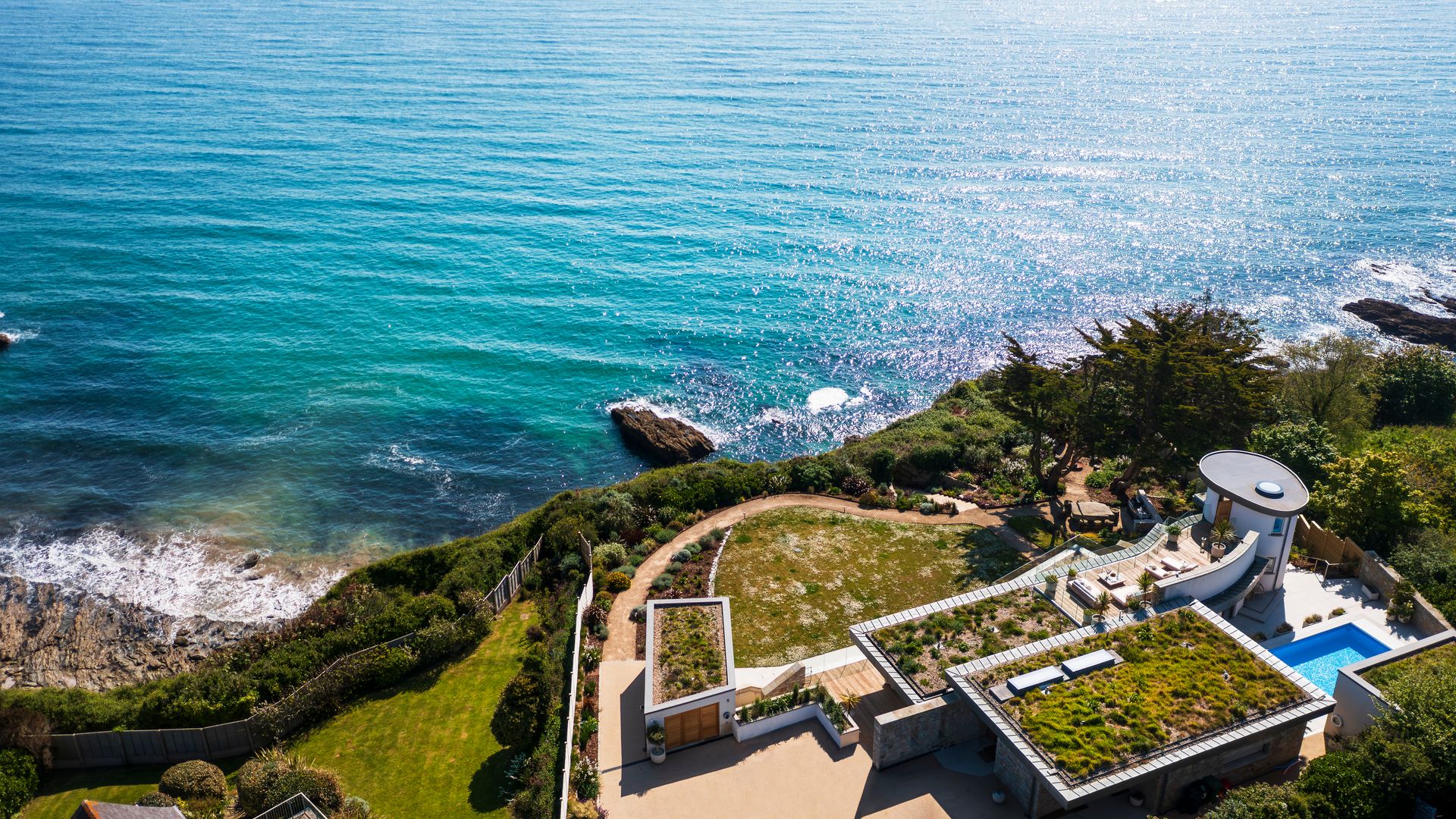 aerial view of a house on the Cornish coast