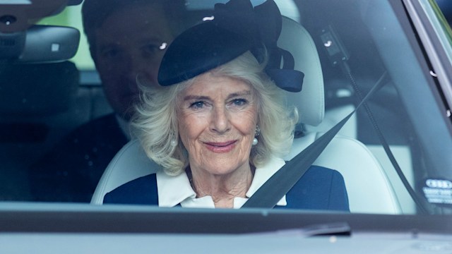 Queen Camilla riding in a car