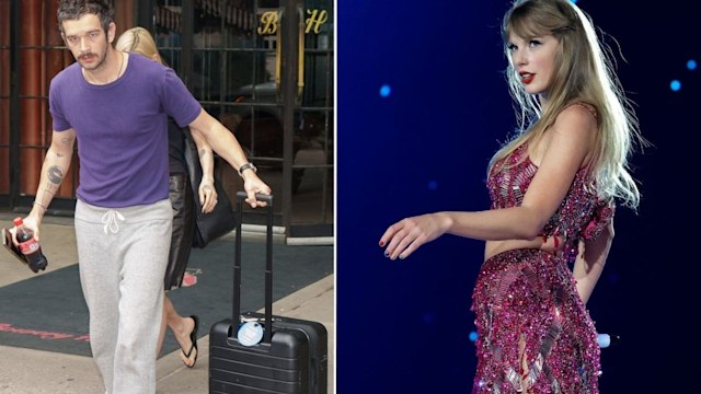 Splitscreen photo of Taylor Swift on stage and Matty Healy walking away with a suitcase