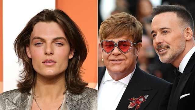 split image showing damian hurley and elton john and david furnish