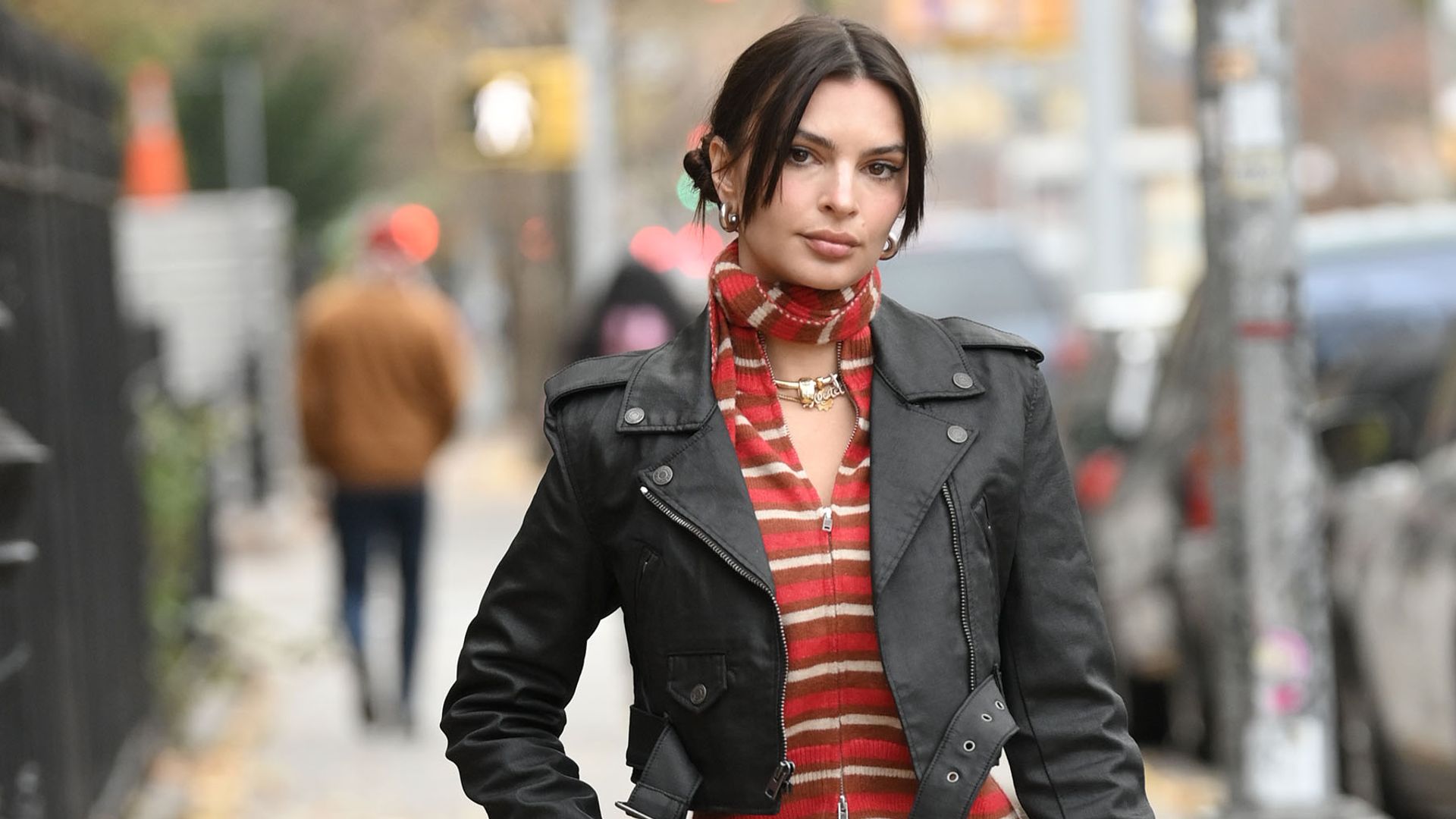 Emily Ratajkowski wears the GapStudio Coated Denim Cropped Moto Jacket designed by Zac Posen while out in New York City