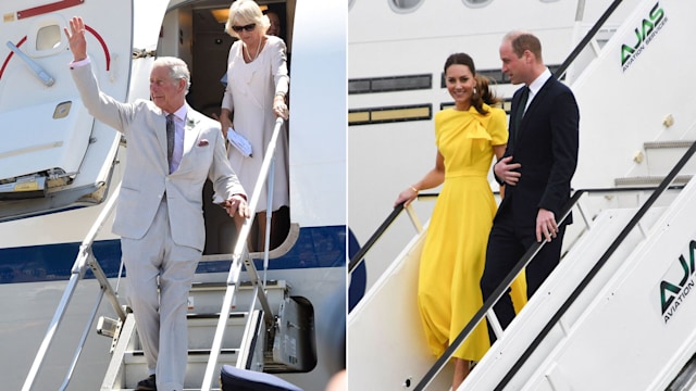 The King and Queen and Prince and Princess of Wales disembarking from planes
