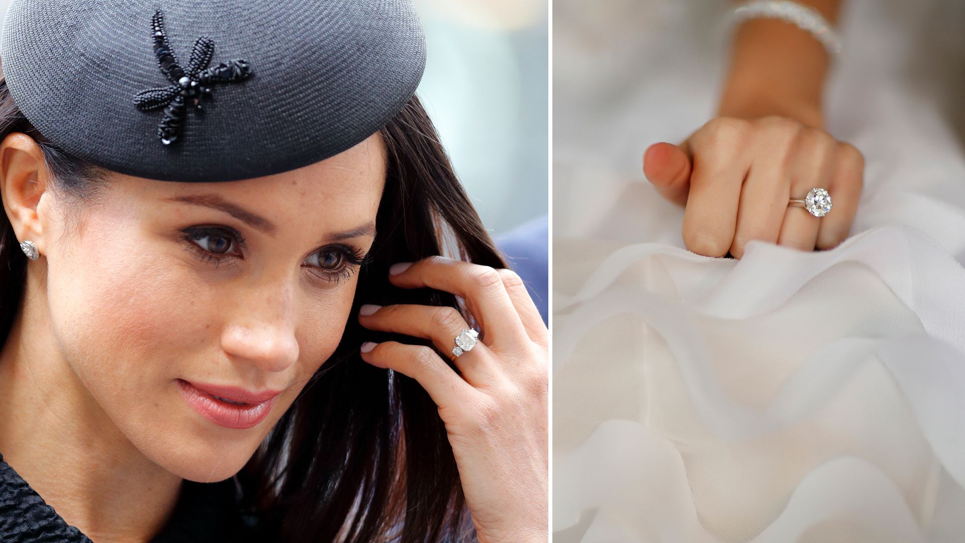 The Duchess of Sussex holding her hair away from her face with her left hand