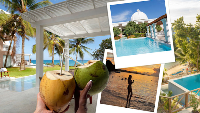 collage of Jamaica including coconuts, sunset and swimming pools