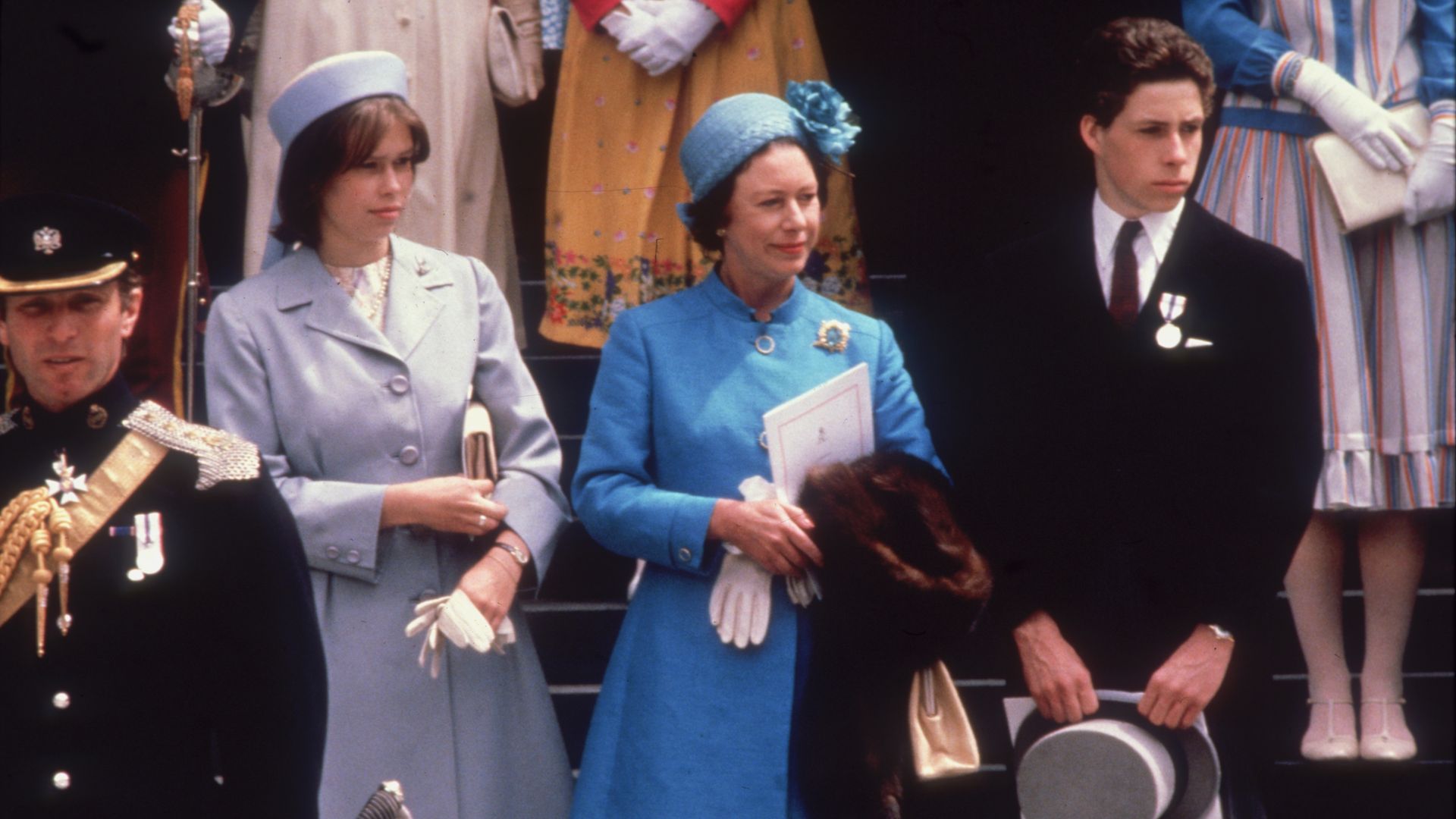 Princess Margaret standing with Lady Sarah Chatto and David Armstrong-Jones