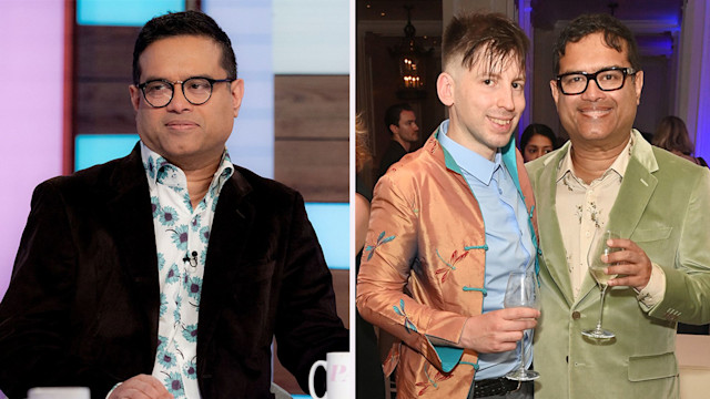 Split image of man in television studio, two men posing for photo