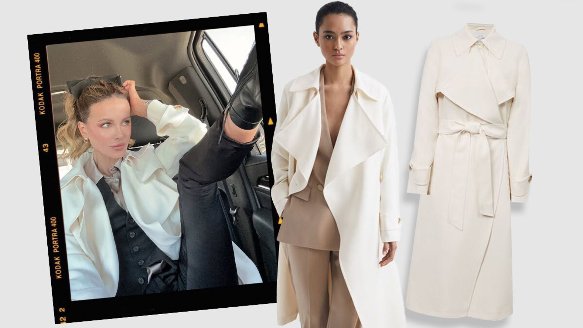 Kate Beckinsale and product shots of Reiss trench coat