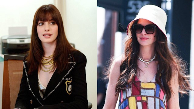 Anne Hathaway in "The Devil Wears Prada" via Alamy; Anne Hathaway photographed while filming "The Devil Wears Prada 2" via Getty Images