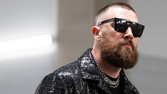 LAS VEGAS, NEVADA - FEBRUARY 11: Tight end Travis Kelce #87 of the Kansas City Chiefs arrives prior to Super Bowl LVIII against the San Francisco 49ers at Allegiant Stadium on February 11, 2024 in Las Vegas, Nevada. (Photo by Luke Hales/Getty Images)