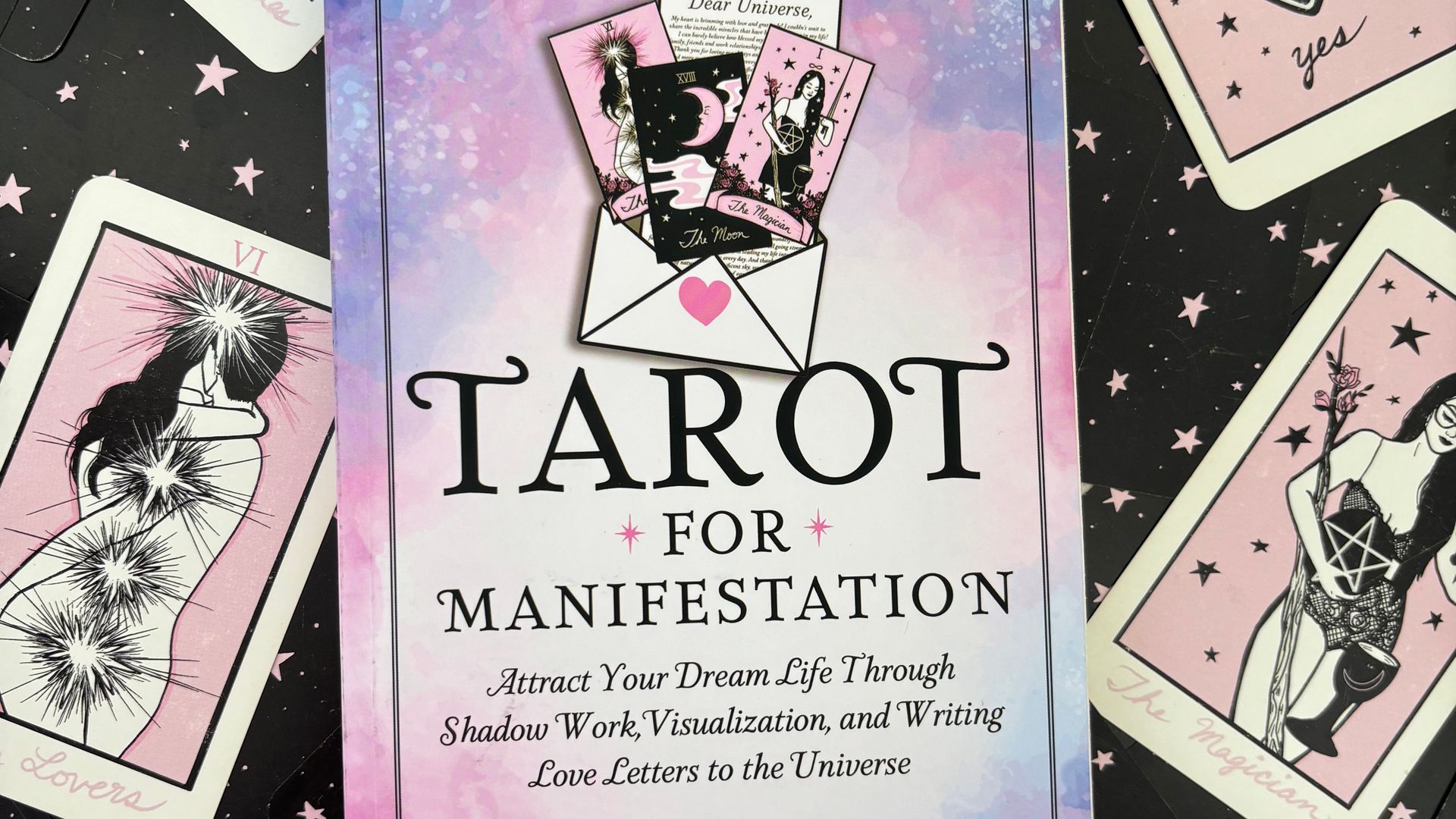 Tarot For Manifestation book jacket surrounded by tarot cards 