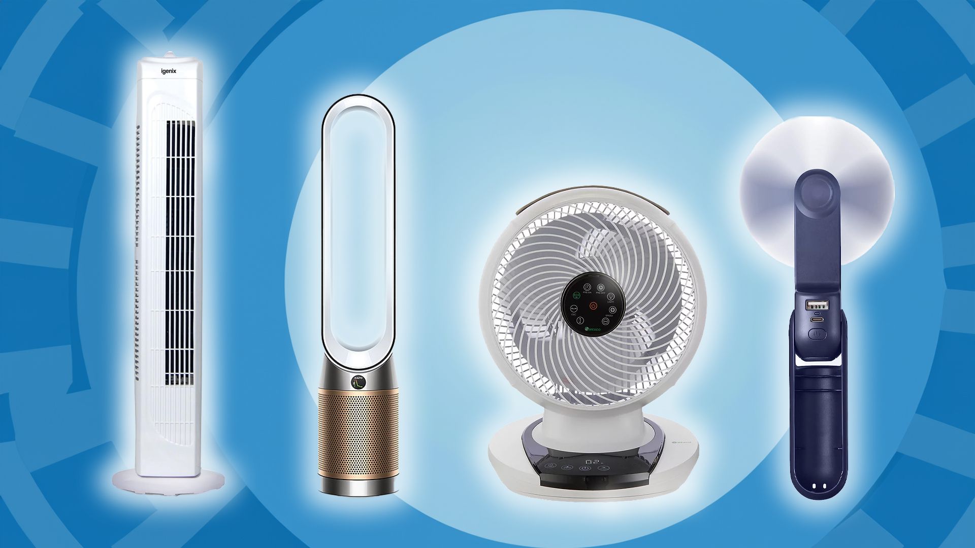 A selection of the best electric fans against a blue background