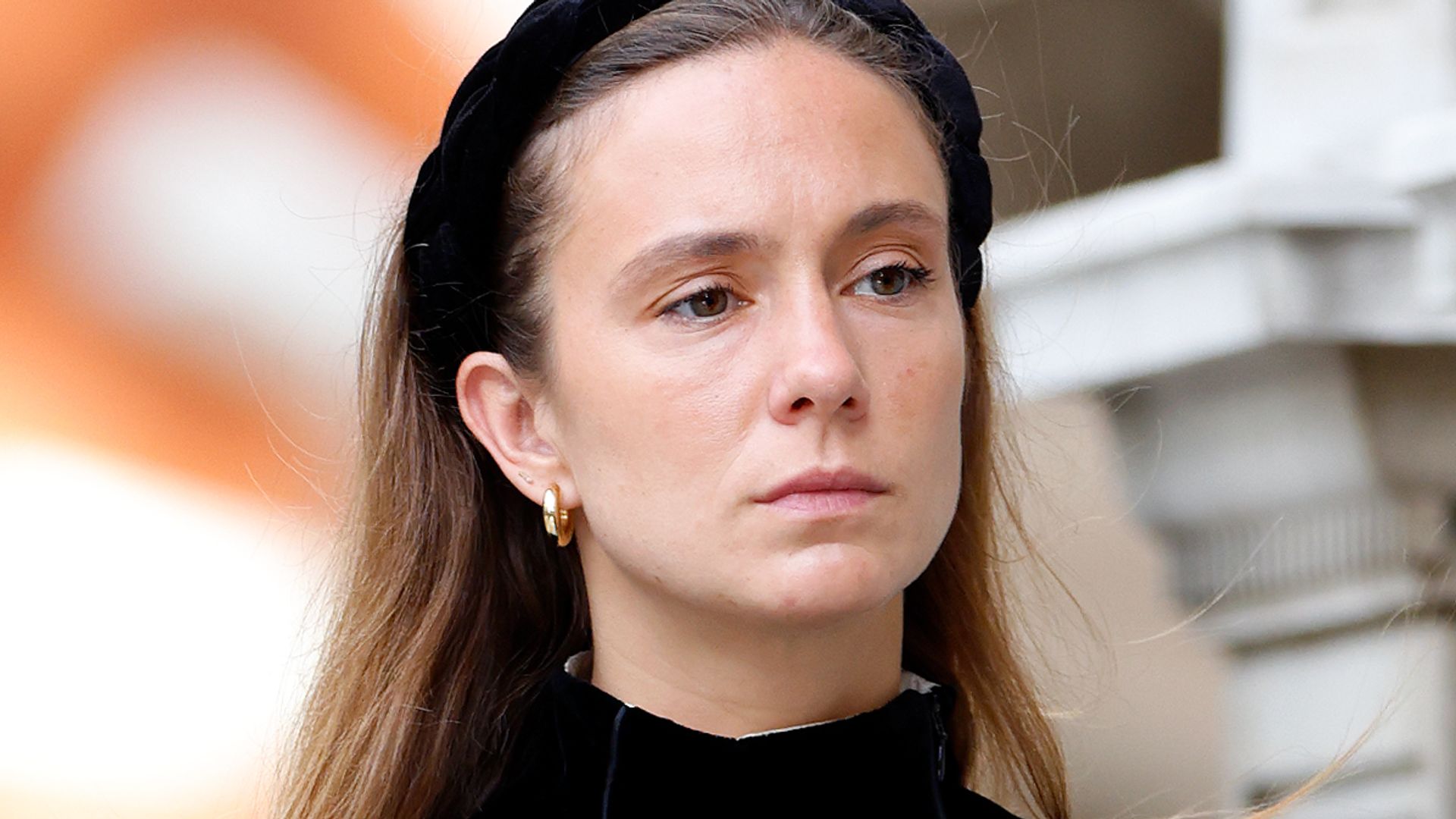 Lady Marina Windsor looking tearful in a black headband and jacket