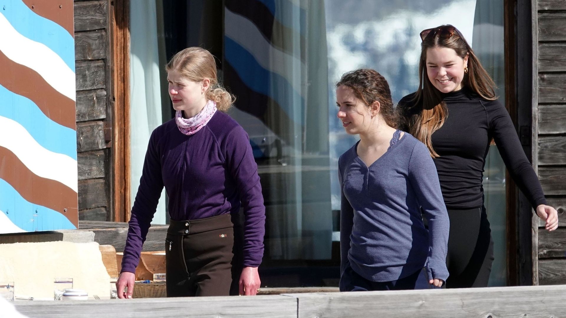 Lady Louise Windsor leaving a house with two friends