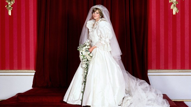 Princess Diana in her bridal gown at Buckingham Palace after her marriage to Prince Charles