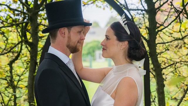 Maddison Brudenell in the trees with her husband on her wedding day