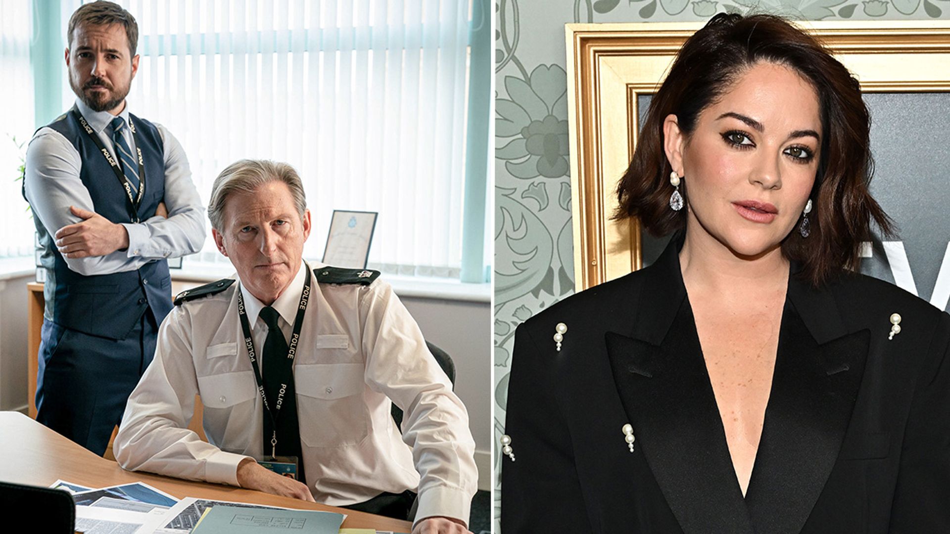 split image, two police officers in office, woman in black blazer posing for photo