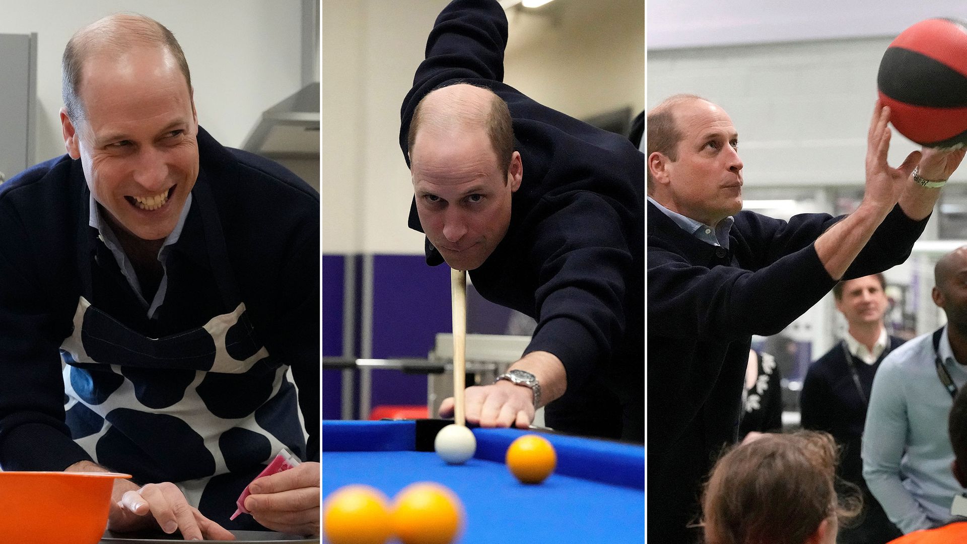 Prince William icing biscuits, playing pool and basketball