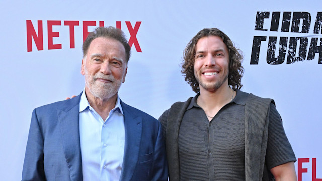 Arnold Schwarzenegger and Joseph Baena attend Netflix's "FUBAR" Season 2 Los Angeles Premiere at Netflix Tudum Theater on June 11, 2025 in Los Angeles, California