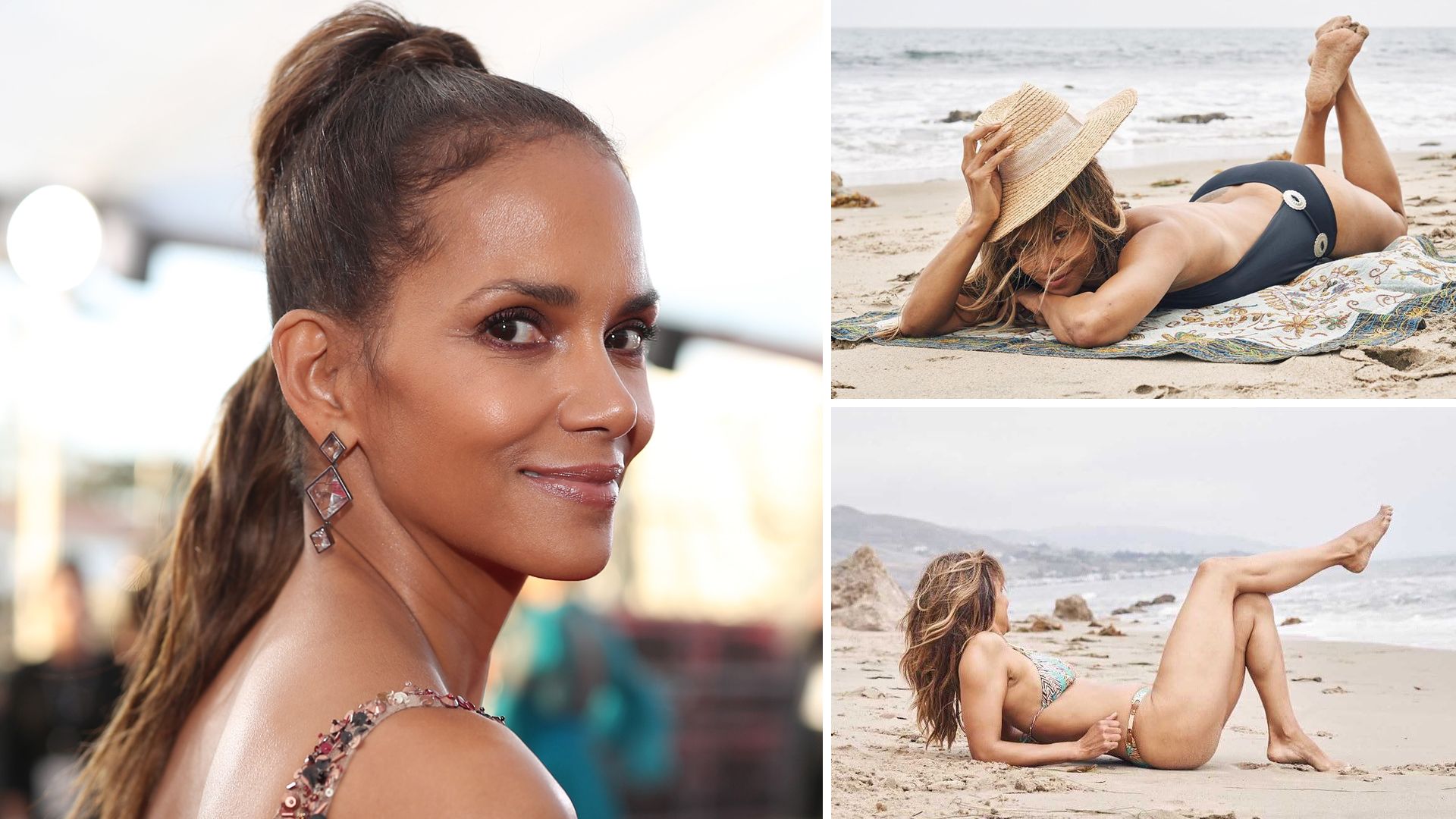 Halle Berry smiling over her shoulder and posing in bikinis and swimsuits on the beach