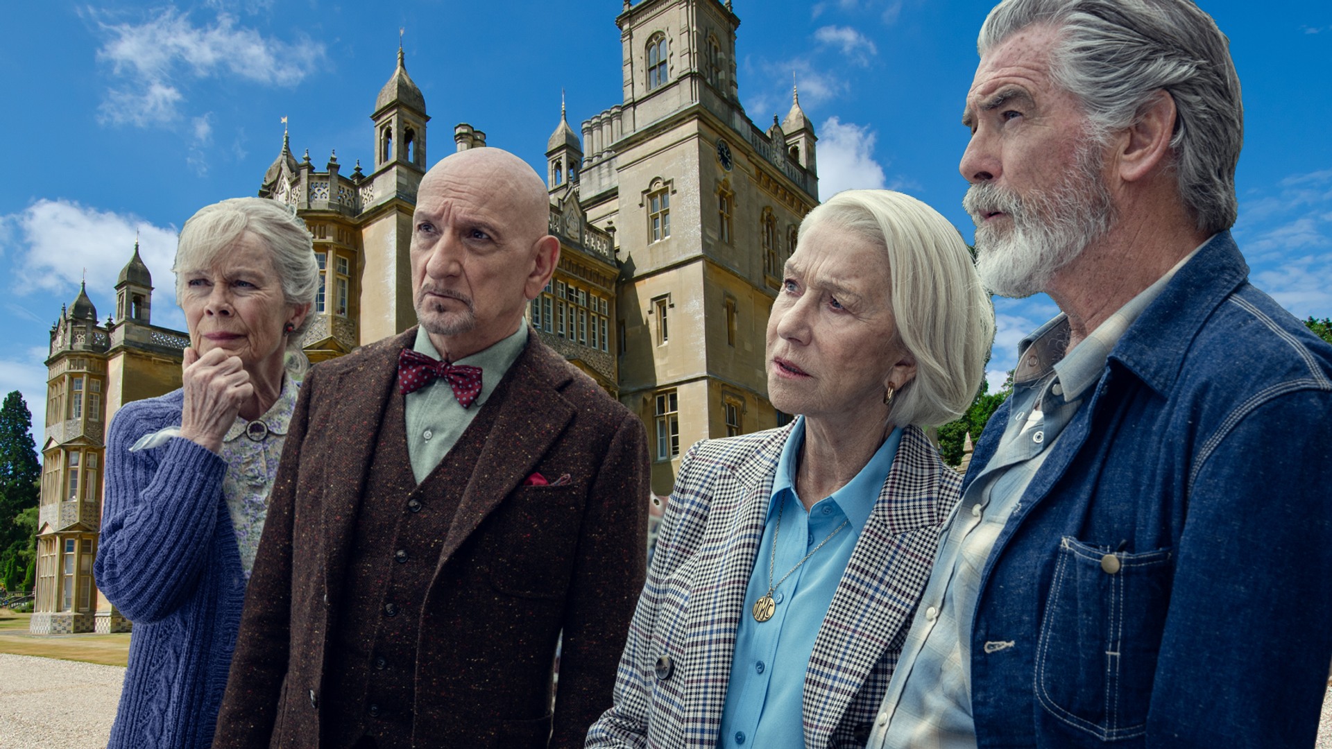 Creative image showing cast of Thursday Murder Club ontop of Englefield House