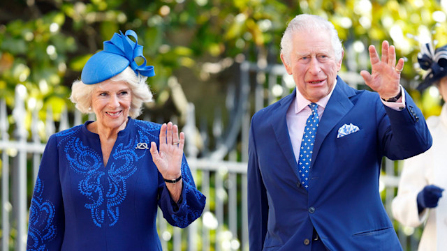 King Charles and Camilla at the Easter Sunday service, wearing blue outfits