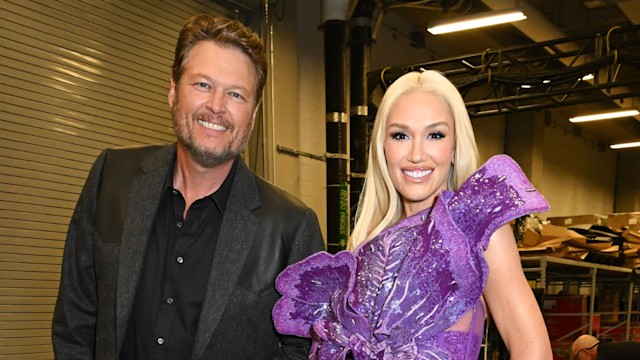 Blake Shelton and Gwen Stefani backstage at the 59th Academy of Country Music Awards from Ford Center at The Sta