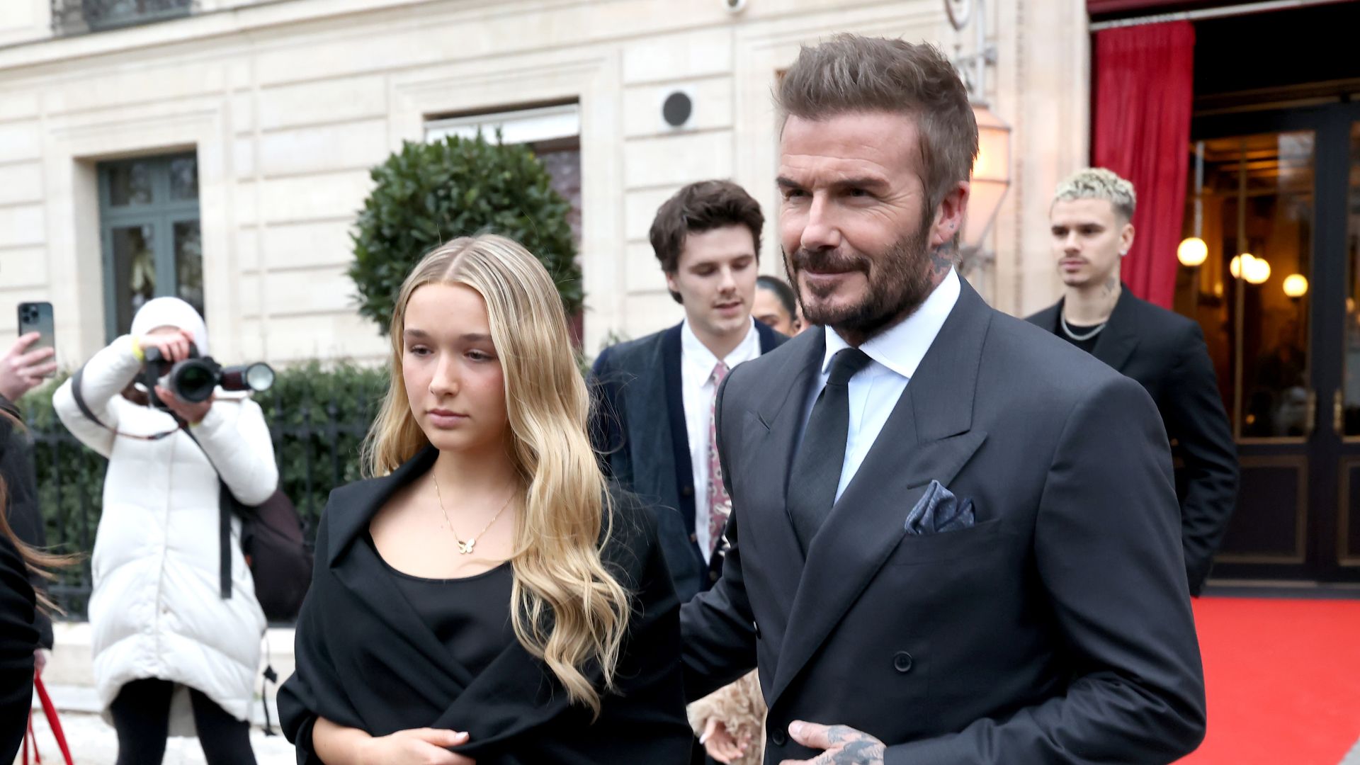 Harper Beckham and David Beckham are seen during the Haute Couture Spring Summer 2026 as part of Paris Fashion Week