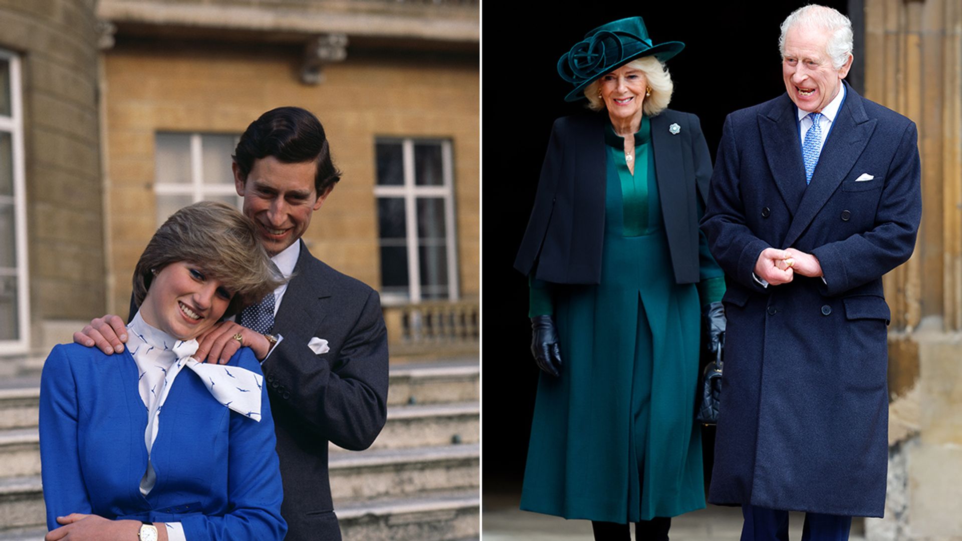 Split image of Prince Charles and Princess Diana & Queen Camilla and King Charles