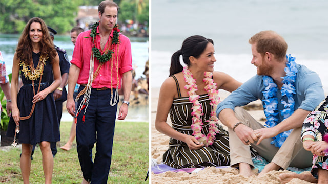 A split image of Princess Kate and Meghan Markle barefoot 