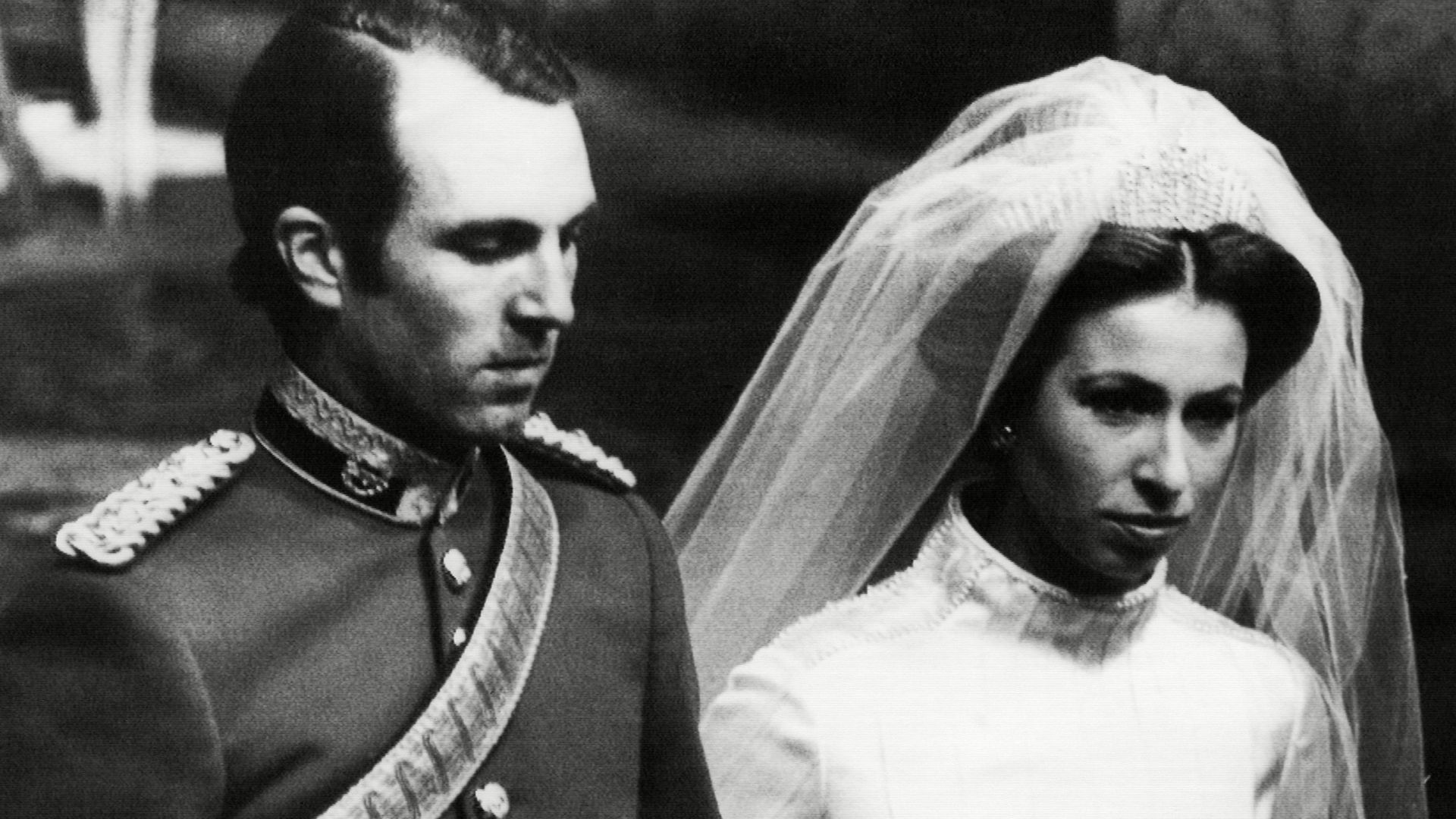 Princess Anne and Lieutenant Mark Phillips following their wedding in 1973