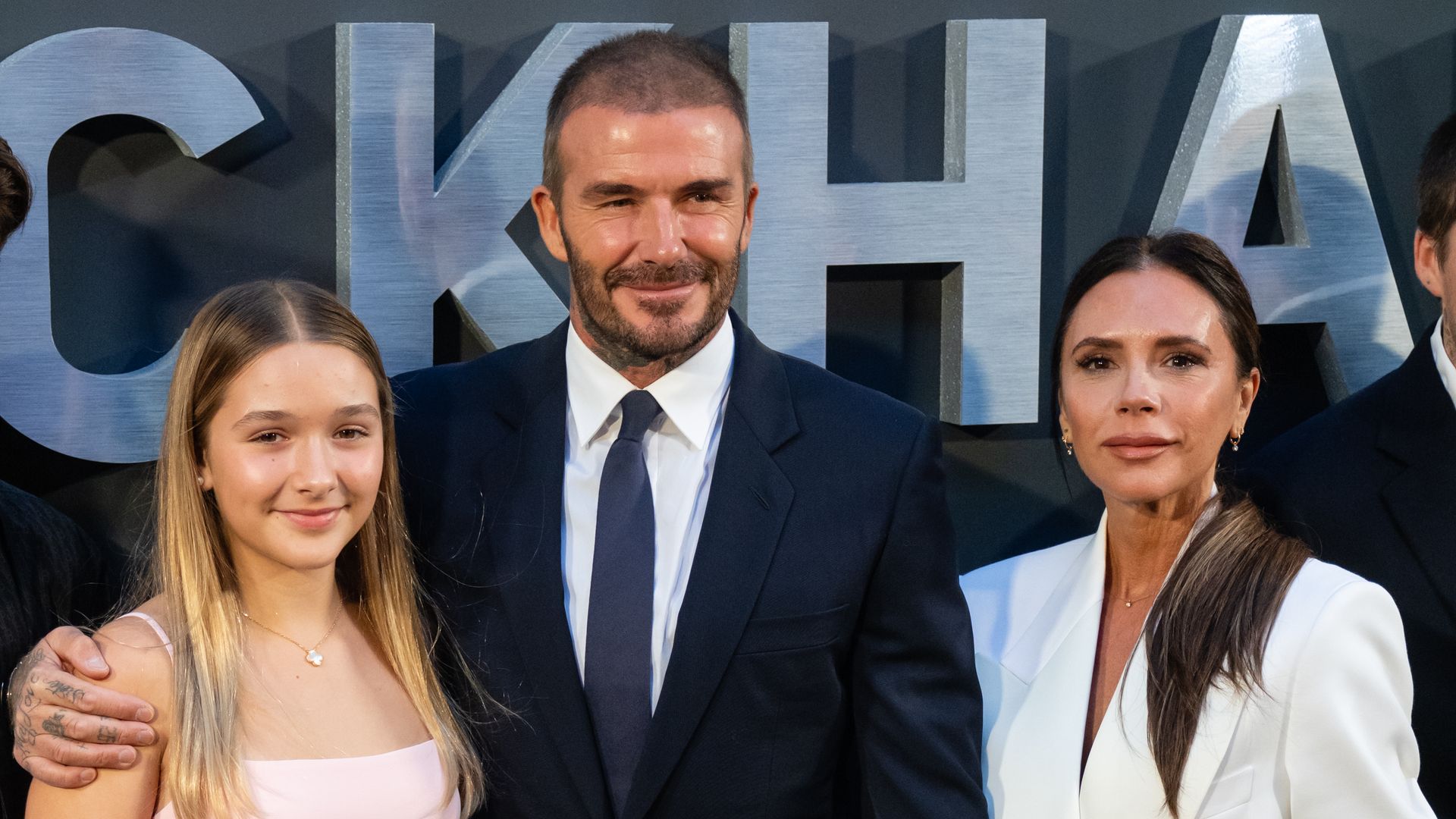 Harper Beckham, David Beckham and Victoria Beckham at the Netflix 'Beckham' UK Premiere