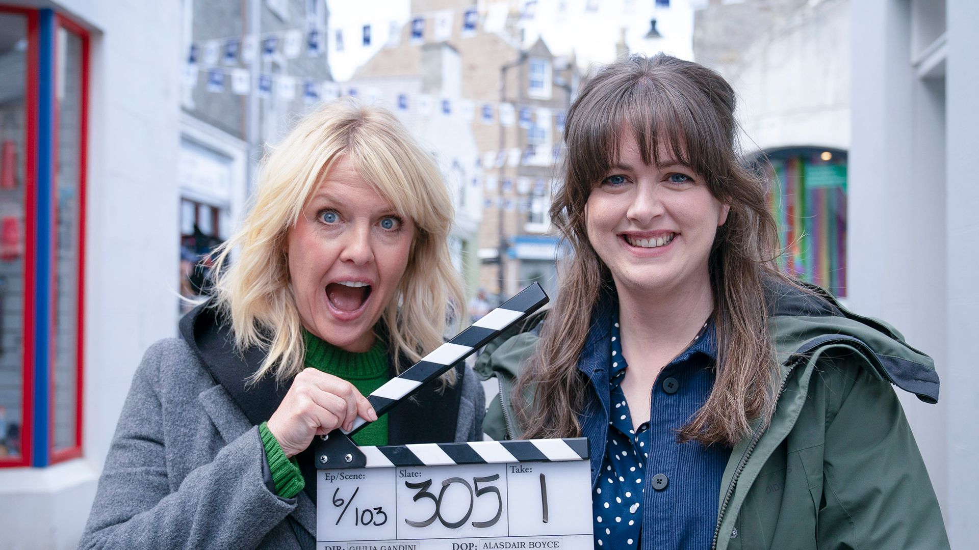 Ashley Jensen and Alison O'Donnell on the set of Shetland