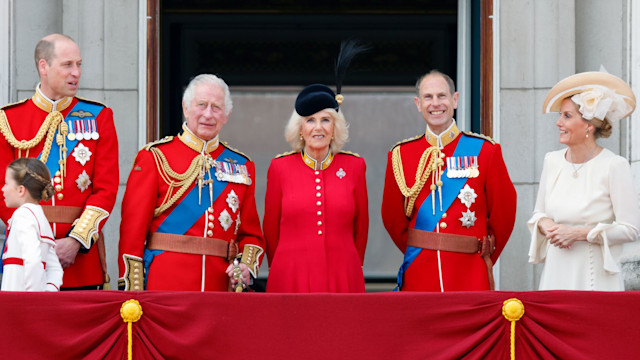 Princess Charlotte, Prince William, King Charles, Queen Camilla, Prince Edward and Duchess Sophie on Buckingham Palace balcony