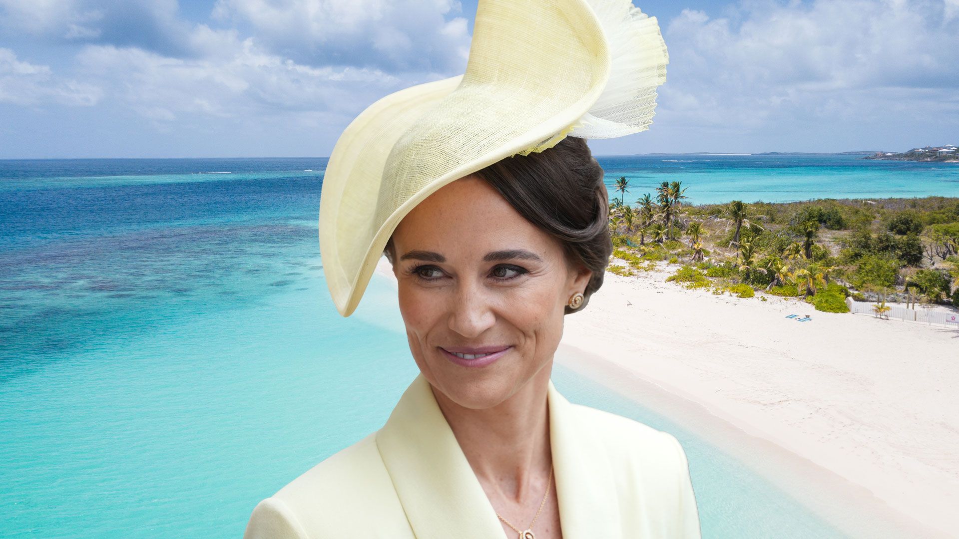 Pippa Middleton in yellow photoshopped over caribbean beach image