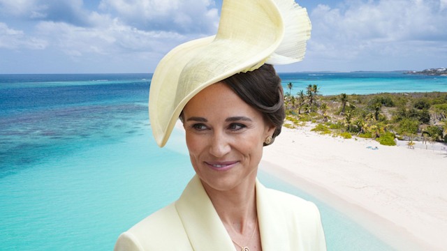 Pippa Middleton in yellow photoshopped over caribbean beach image