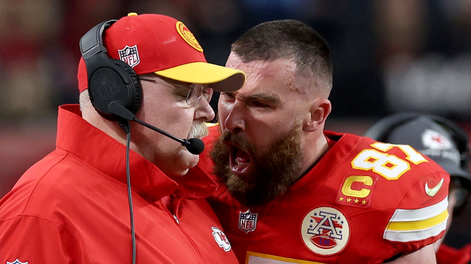 Travis Kelce #87 of the Kansas City Chiefs reacts at Head coach Andy Reid in the first half against the San Francisco 49ers during Super Bowl LVIII at Allegiant Stadium on February 11, 2024 in Las Vegas, Nevada