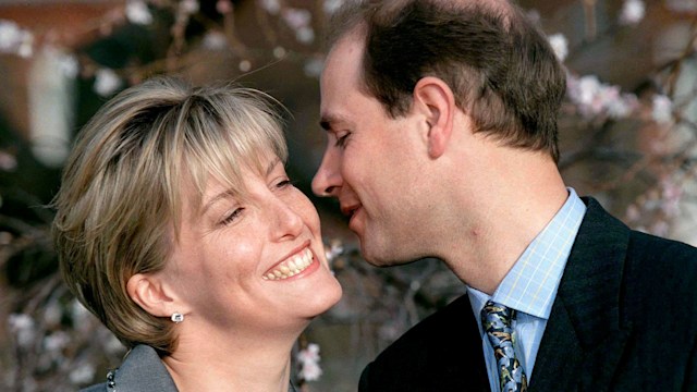Sophie Rhys-jones And Prince Edward Kissing On The Day Of Their Engagemen