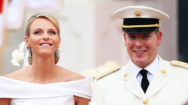 Princess Charlene and Prince Albert in white on their wedding day