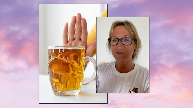 collage of a woman and a hand held up against a beer against a pretty cloudy background 