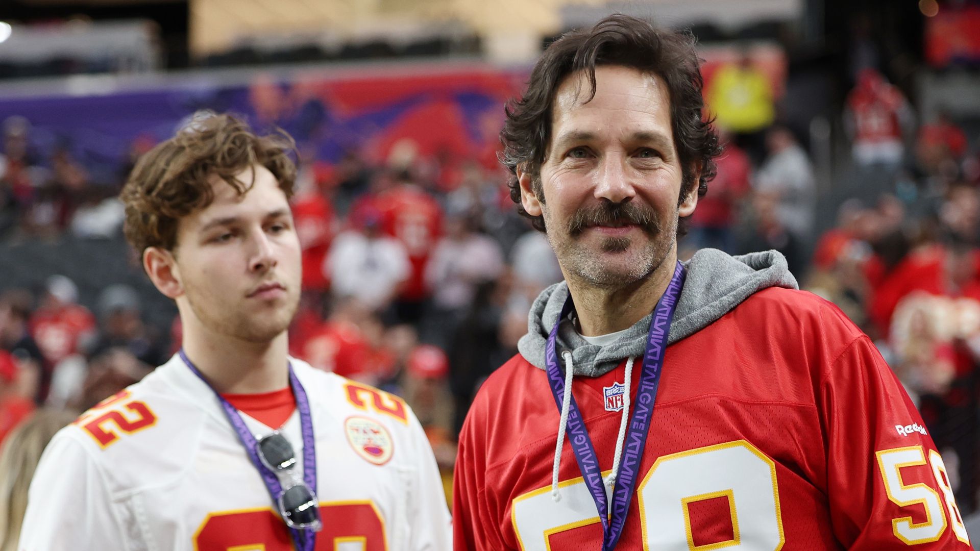 LAS VEGAS, NEVADA - FEBRUARY 11: Jack Rudd (L) and Paul Rudd attend Super Bowl LVIII between the Kansas City Chiefs and the San Francisco 49ers at Allegiant Stadium on February 11, 2024 in Las Vegas, Nevada