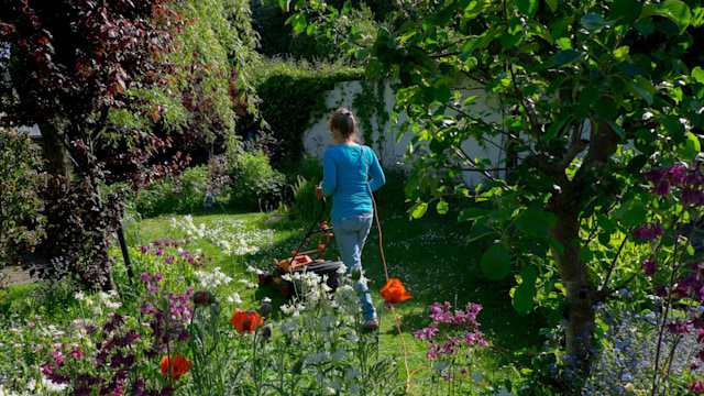 woman mowing lawn with electric mower,