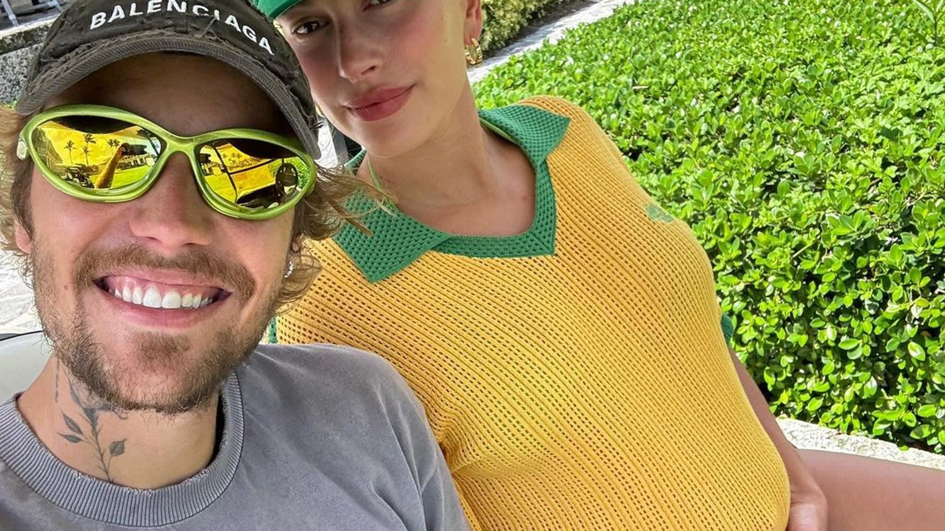 Hailey Bieber opted for a sunny crochet polo top with shamrock green accents